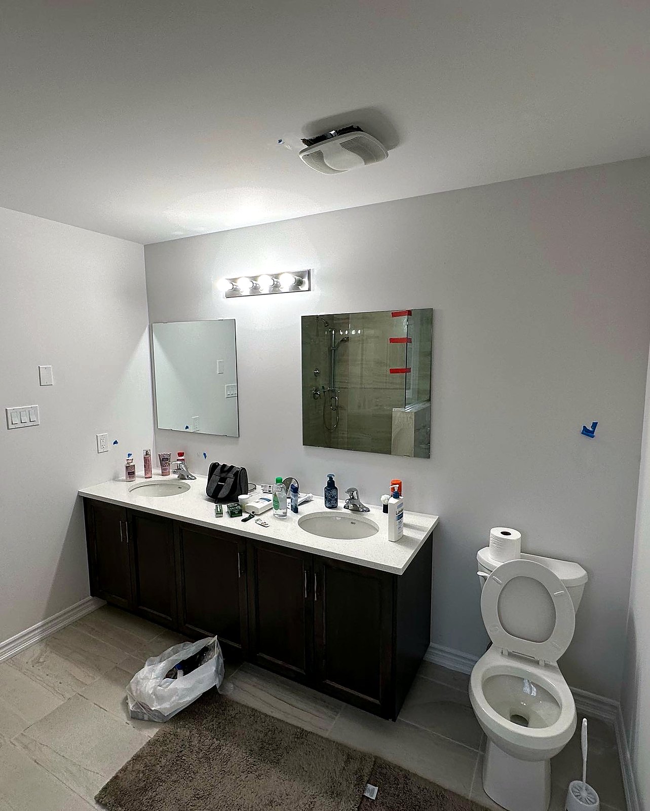 Vanity and mirror in the finished bathroom